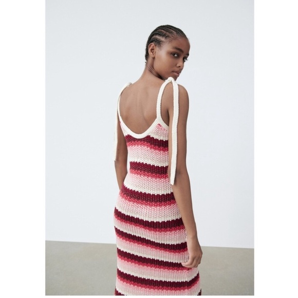 NWT Zara Striped Crochet Sleeveless Knit Midi Dress Cream/Pink/Maroon Size Small - Picture 10 of 14